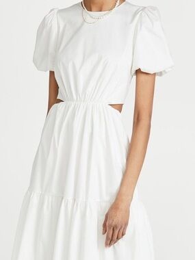 Wayf White Midi Dress with Puff Sleeves and Side Cutouts
